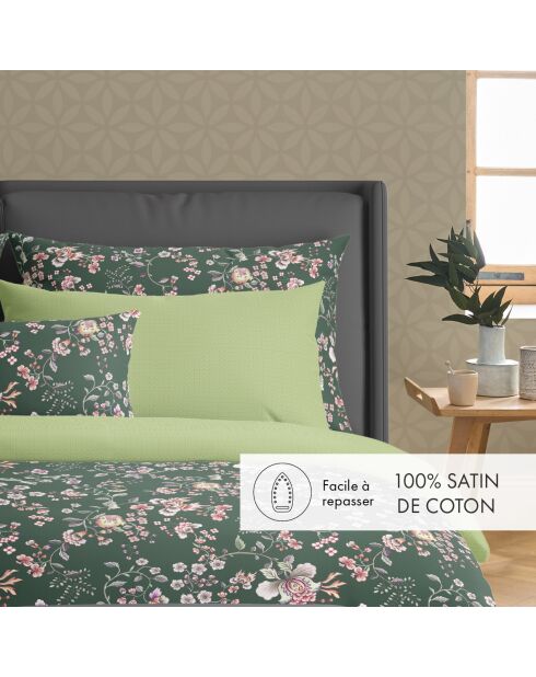 Drap plat en satin de coton Murmure floral vert - 240x300 cm