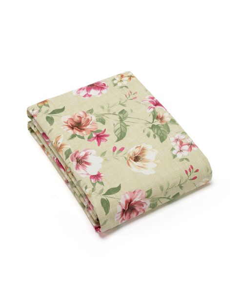 Taupe tafelkleed met een vlekbestendige coating in bloemkleur