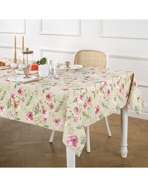 Taupe tafelkleed met een vlekbestendige coating in bloemkleur