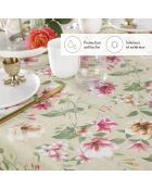 Taupe tafelkleed met een vlekbestendige coating in bloemkleur