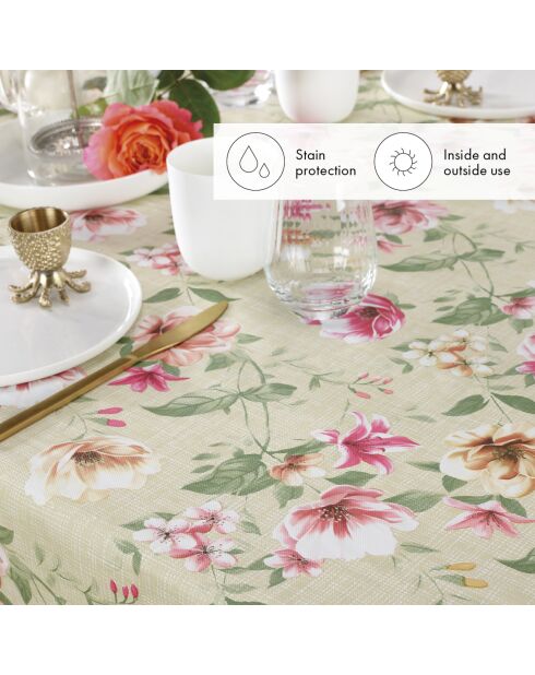 Taupe tafelkleed met een vlekbestendige coating in bloemkleur