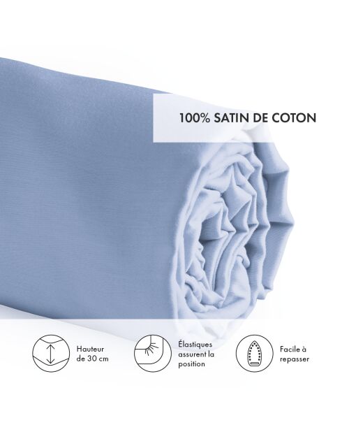 Drap-housse en satin de coton Uni bleu clair