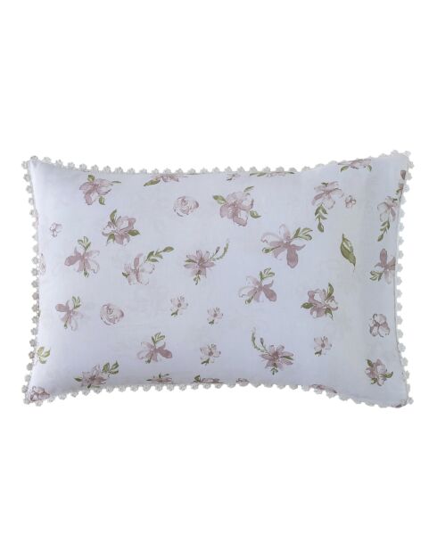 Taie d'oreiller motif floral blanche à fleurs roses