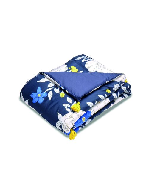 Dekbed met kwastjes in katoensatijn Nuit floral donkerblauw - 140x200 cm