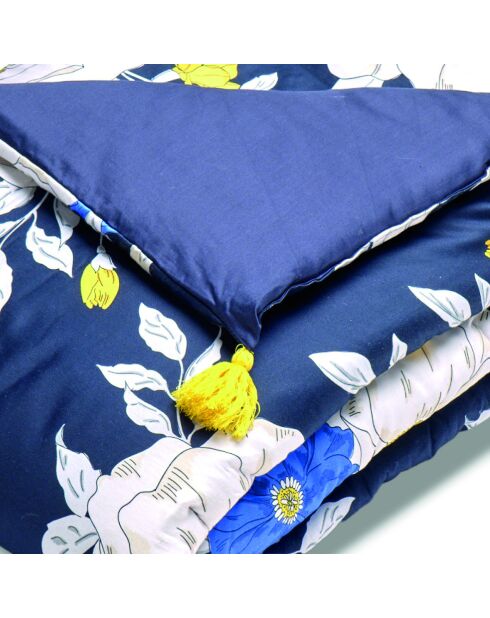Dekbed met kwastjes in katoensatijn Nuit floral donkerblauw - 140x200 cm