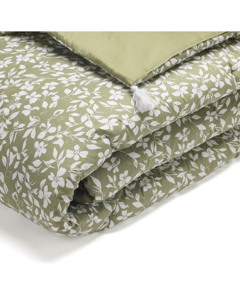 Grüne Bettdecke aus Baumwollsatin mit Blumenmuster und Quasten - 140x200 cm