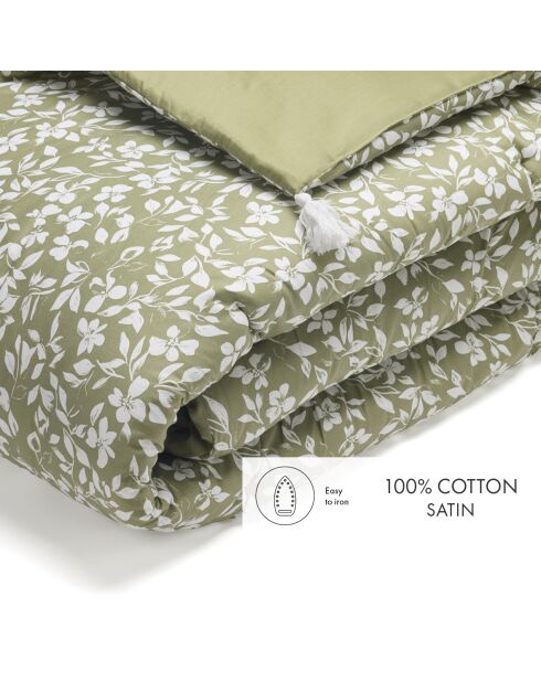 Grüne Bettdecke aus Baumwollsatin mit Blumenmuster und Quasten - 140x200 cm