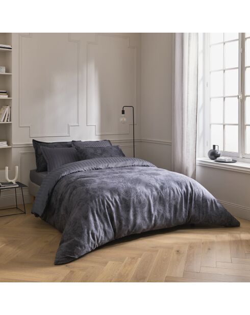 Set de 2 taies d'oreiller en satin de coton Toile Fleurie gris foncé - 50x70 cm
