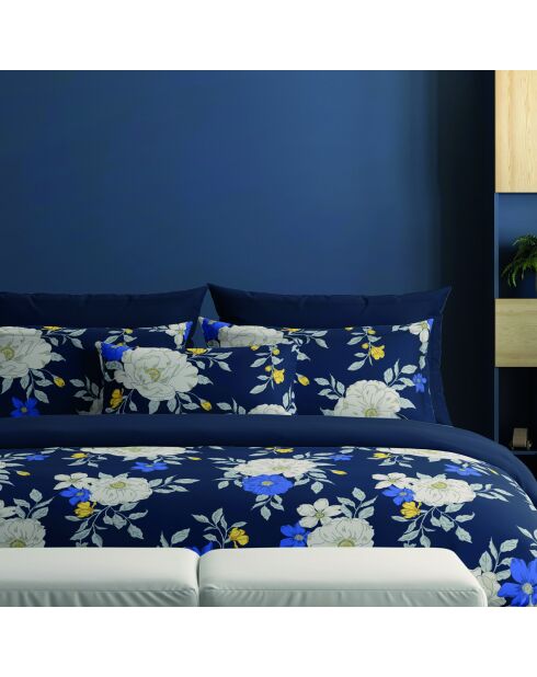 Donkerblauwe katoenen satijnen nachtlaken met bloemenprint - 240x300 cm