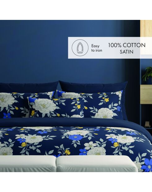 Donkerblauwe katoenen satijnen nachtlaken met bloemenprint - 240x300 cm