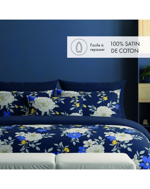Donkerblauwe katoenen satijnen nachtlaken met bloemenprint - 240x300 cm