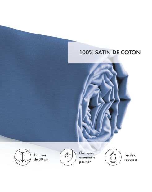 Drap-housse en satin de coton Uni bleu