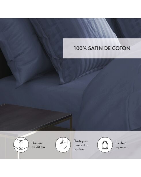 Drap-housse en satin de coton Uni bleu foncé