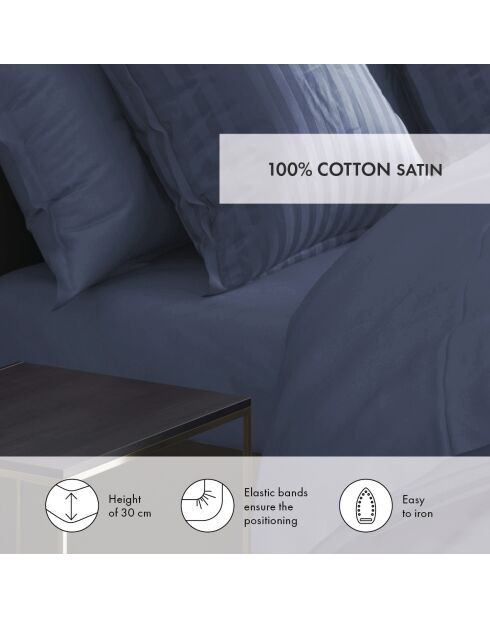 Drap-housse en satin de coton Uni bleu foncé