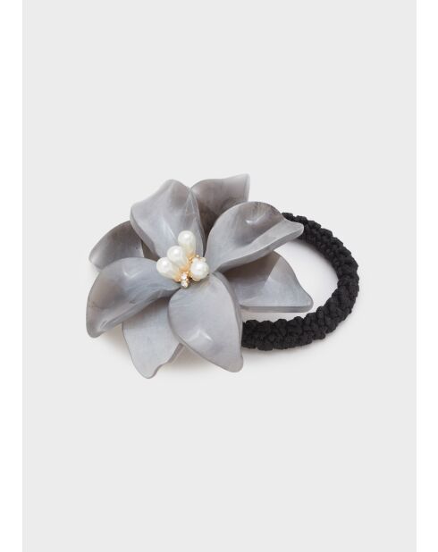 Élastique à fleurs pour cheveux et perles résine gris