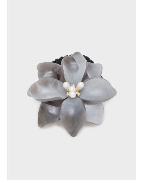 Élastique à fleurs pour cheveux et perles résine gris