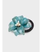 Élastique à fleur pour cheveux et perles résine bleu vert