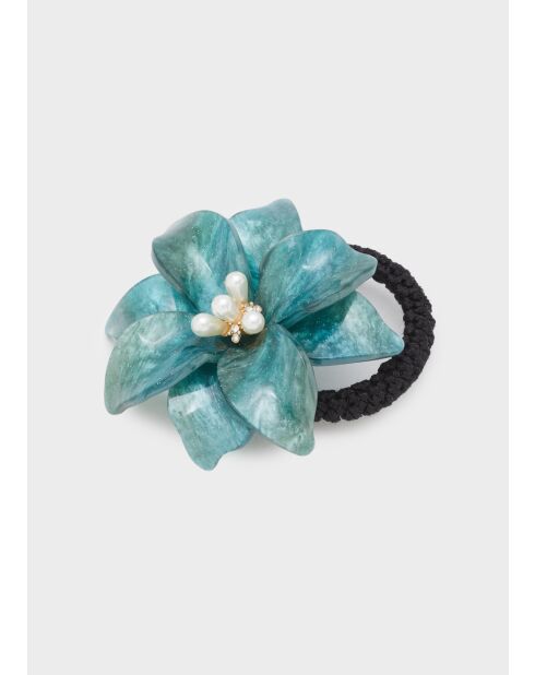 Élastique à fleur pour cheveux et perles résine bleu vert