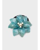 Élastique à fleur pour cheveux et perles résine bleu vert