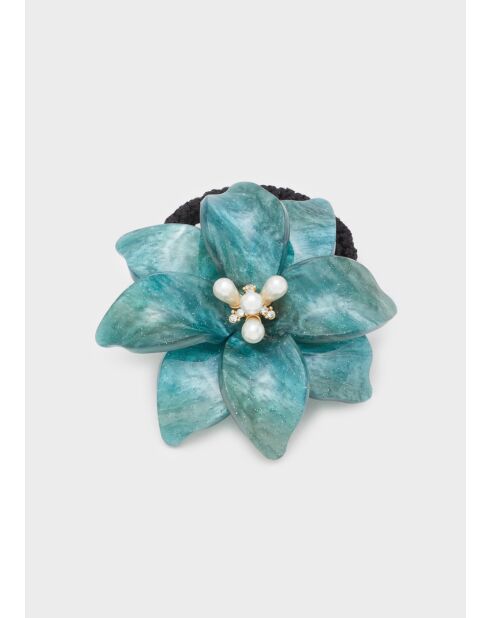 Élastique à fleur pour cheveux et perles résine bleu vert