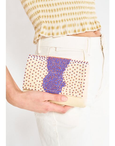 Pochette Delia en velours avec perles crème - 20x13x3.5 cm