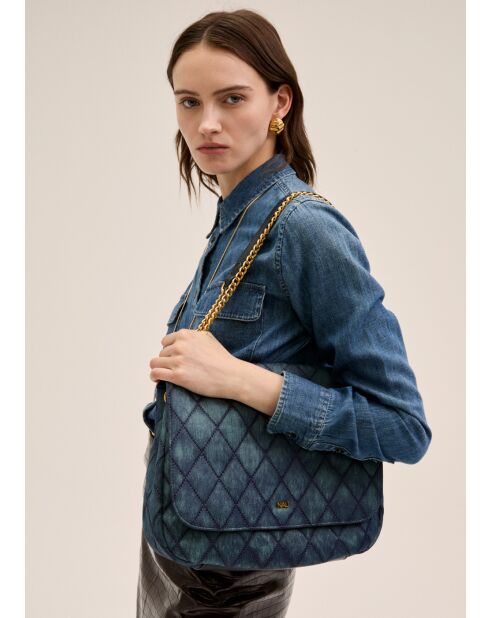 Sac bandoulière demi-rabat bleu denim - 32x23x15cm