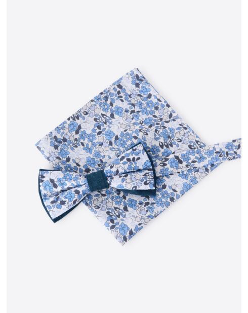 Pochette de costume fleuri en coton bleu marine - 25x25cm