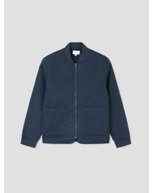 Blouson cardigan col teddy bi-matière bleu marine