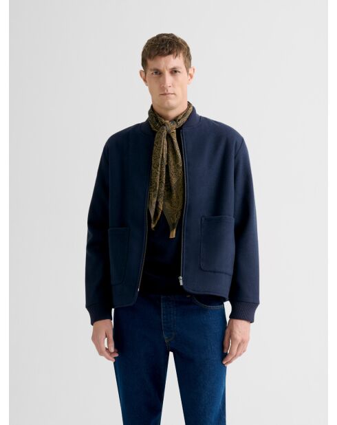 Blouson cardigan col teddy bi-matière bleu marine