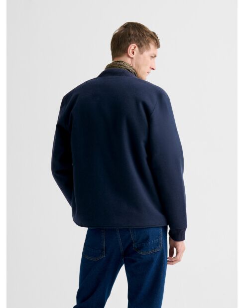 Blouson cardigan col teddy bi-matière bleu marine