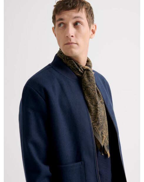 Blouson cardigan col teddy bi-matière bleu marine