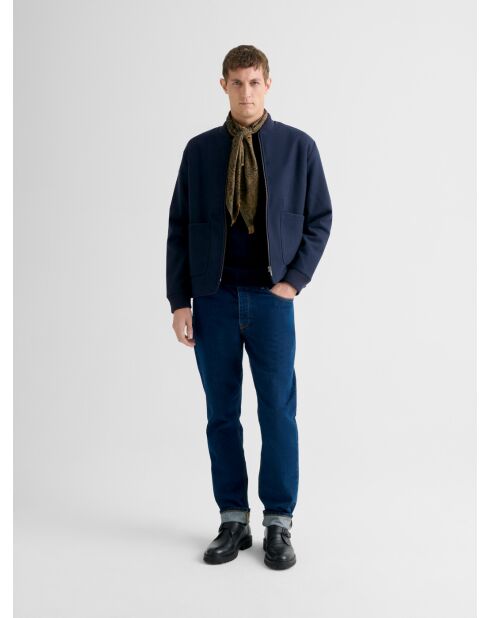 Blouson cardigan col teddy bi-matière bleu marine