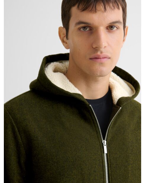 Blouson zippé à capuche en sherpa kaki foncé