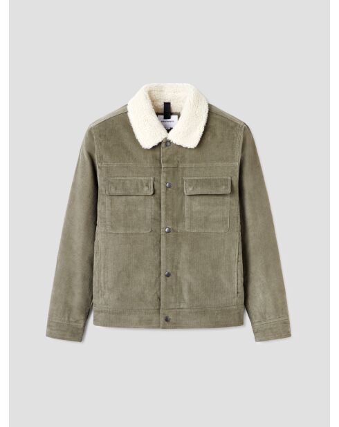 Veste en velours côtelé col sherpa kaki foncé