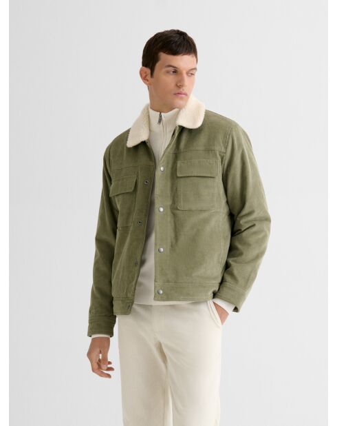 Veste en velours côtelé col sherpa kaki foncé