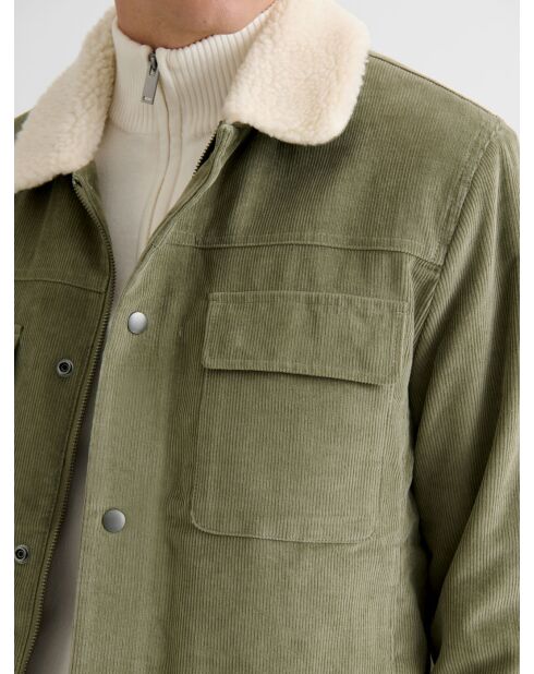 Veste en velours côtelé col sherpa kaki foncé