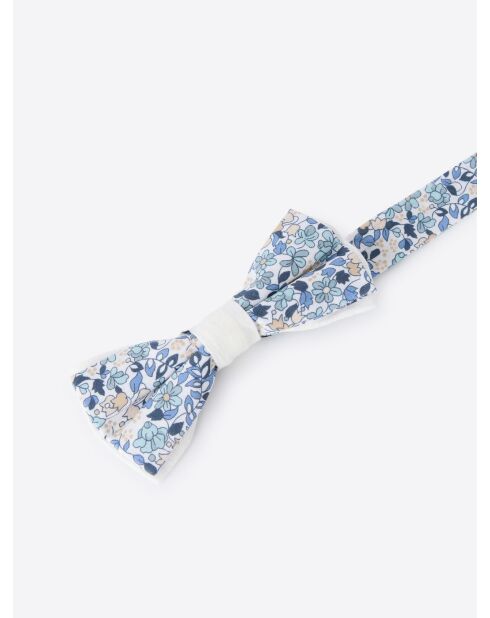 Nœud papillon fleuri en coton lin bleu vert - 11 x 5,5cm