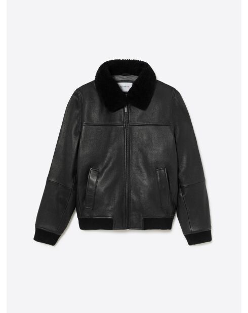 Schwarze Lederjacke mit Sherpa-Kragen