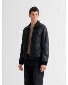 Schwarze Lederjacke mit Sherpa-Kragen