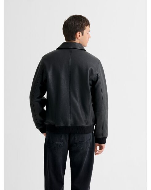 Schwarze Lederjacke mit Sherpa-Kragen