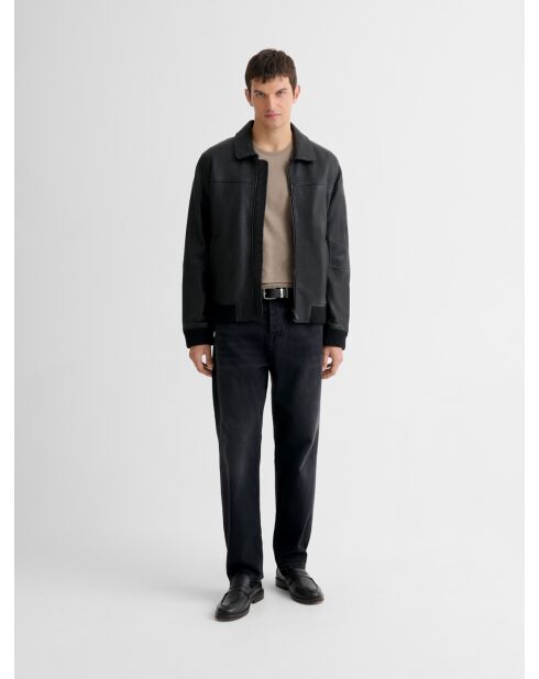 Schwarze Lederjacke mit Sherpa-Kragen
