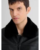 Schwarze Lederjacke mit Sherpa-Kragen