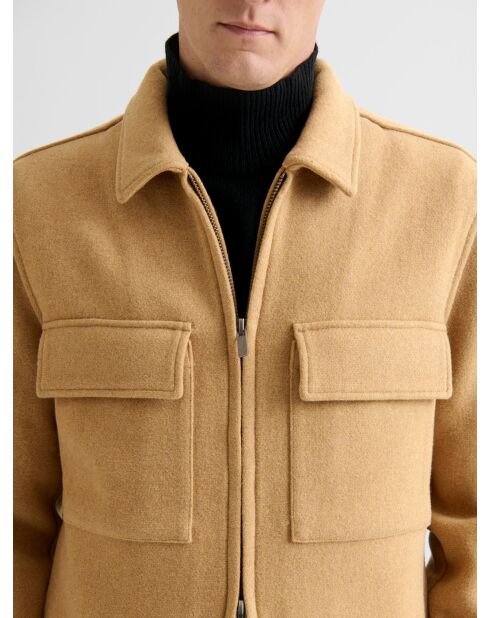 Blouson col chemise effet laine bouillie beige 3