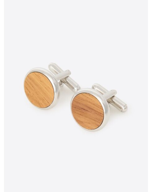 Boutons de manchette ronds bois et métal silver