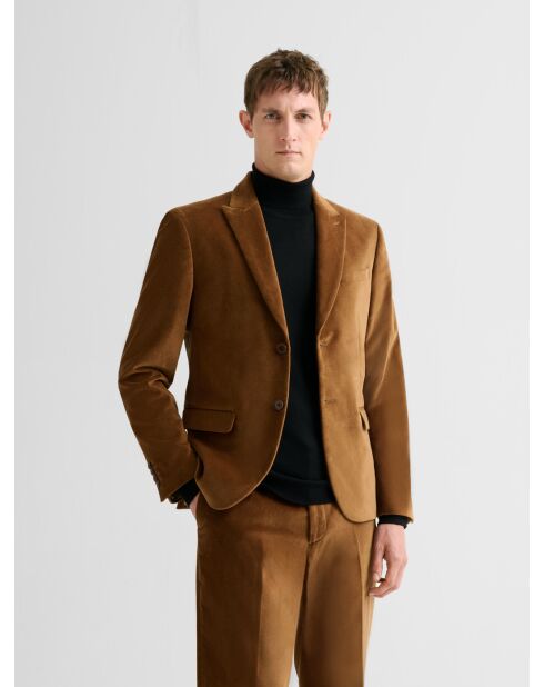 Veste de costume slim en velours caramel 2
