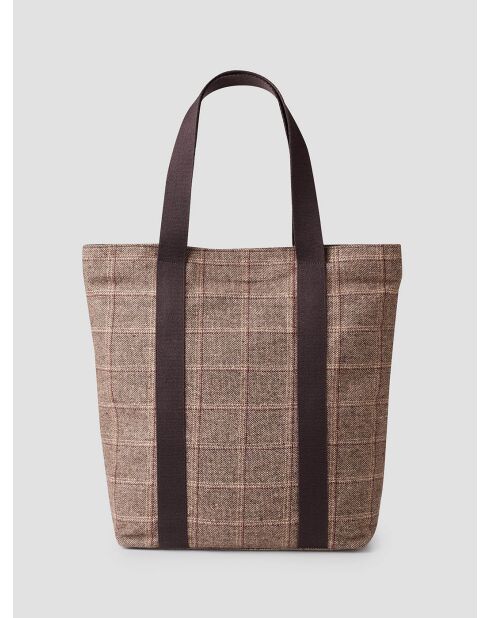 Tote bag en tissu à carreaux taupe - 47x42.5x12cm