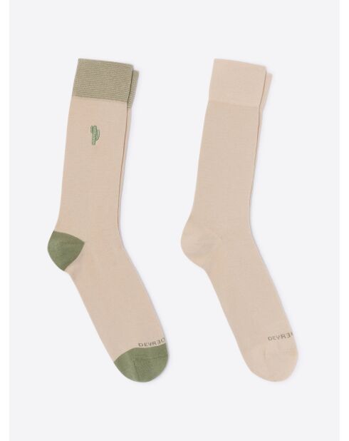 Lot de 2 paires de chaussettes bicolore et broderie beige sable