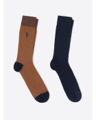 Lot de 2 paires de chaussettes bicolore et broderie cognac