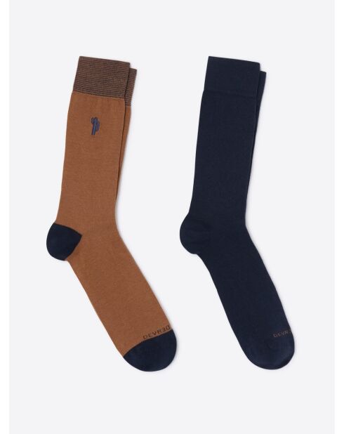 Lot de 2 paires de chaussettes bicolore et broderie cognac