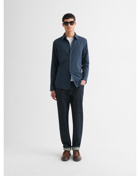 Marineblauw slim overhemd van katoenwol